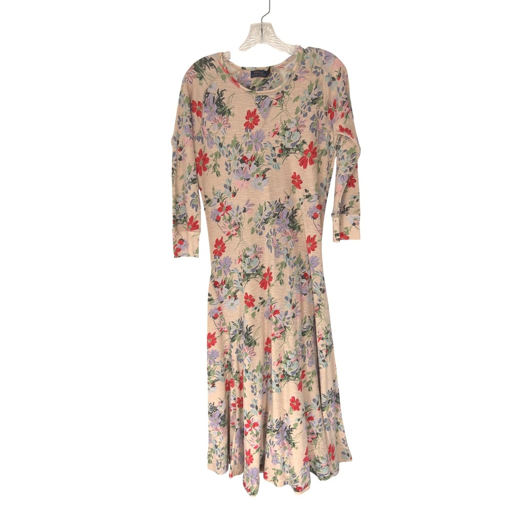 Polo Ralph Lauren Henley Waffle Knit Maxi Dress Tan Women's Floral Large